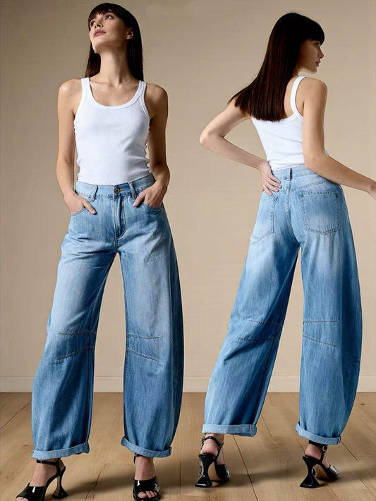 Jeans wide a vita alta con cuciture