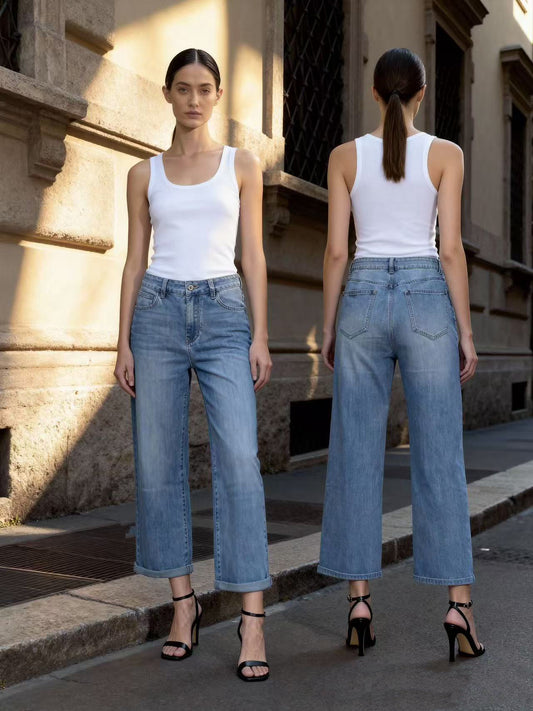 Jeans wide cropped a vita alta